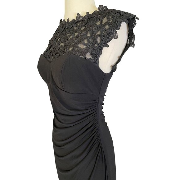 XSCAPE Cap Sleeve Jersey Dress in Black Lace Illusion Yoke Side Ruching Size 6 - Picture 5 of 10